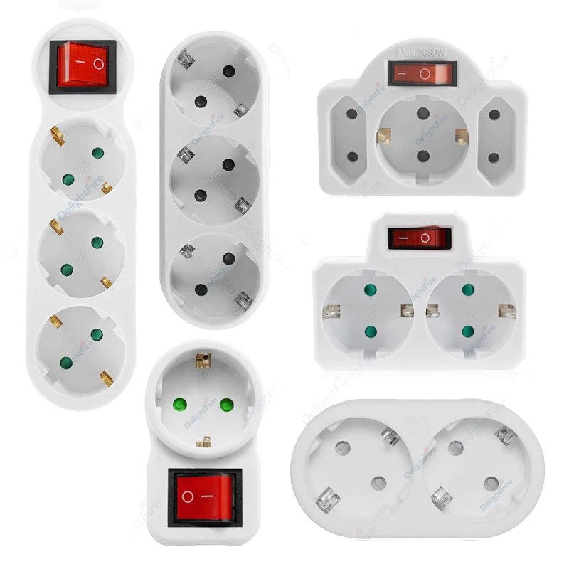 EU-Verlängerungssteckdose EIN/AUS-Schalter 16 A 250 V Standardstecker-Adapter-Konvertierungssteckdosen Deutschland Stecker 1 bis 2/1 bis 3-Wege-AC-Steckdosen Image