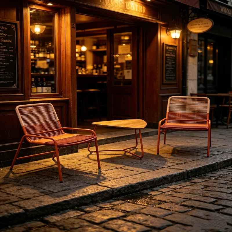 3-teiliges PE-Rattan-Bistro-Set 3-Farben-Farbverlauf Offenes Geflecht 150kg Dreieckige Holz-Kunststoff-Tischplatte Outdoor-Terrassen-Gartenmöbel