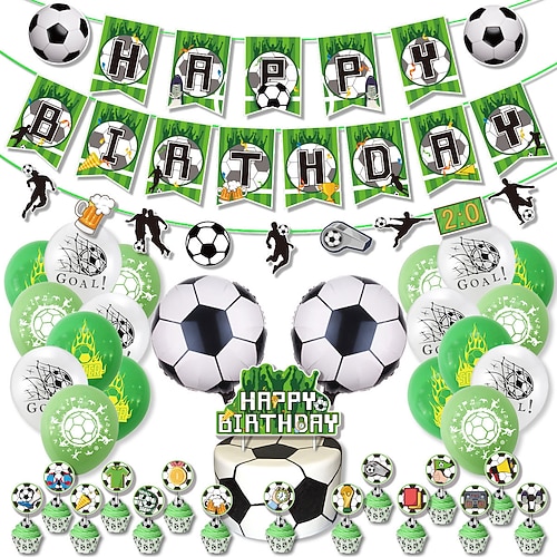 Set di decorazioni per festa di compleanno a tema calcio: striscione a tema Coppa del Mondo di calcio, palloncini, decorazioni per cupcake, stuzzicadenti per torta. articoli per feste per bambini