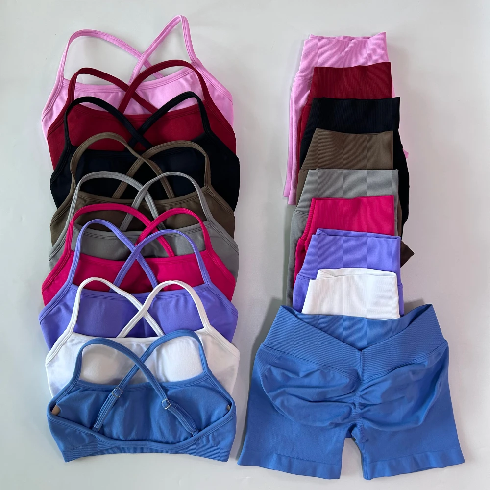2-teiliges Set für Damenkleidung, nahtloses Scrunch-Yoga-Shorts-Set, rückenfrei, KTP-Sport-BH, Fitness, Workout, Top, Fitnessstudio-Set, Outfits