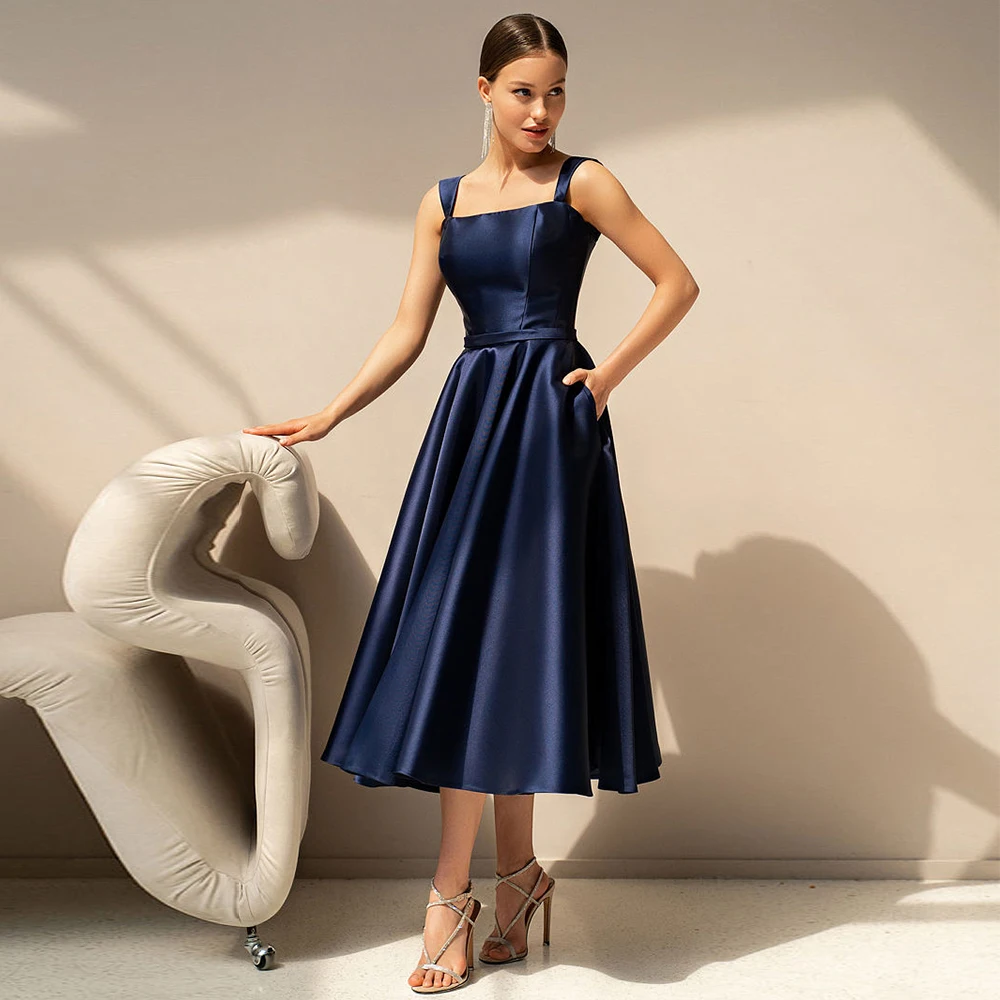 Midi Brautjungfer Kleid mit Taschen Navy Blau Satin Brautjungfer Kleid für Hochzeiten A Line Quadrat Kragen Einfache frauen Party kleid Image