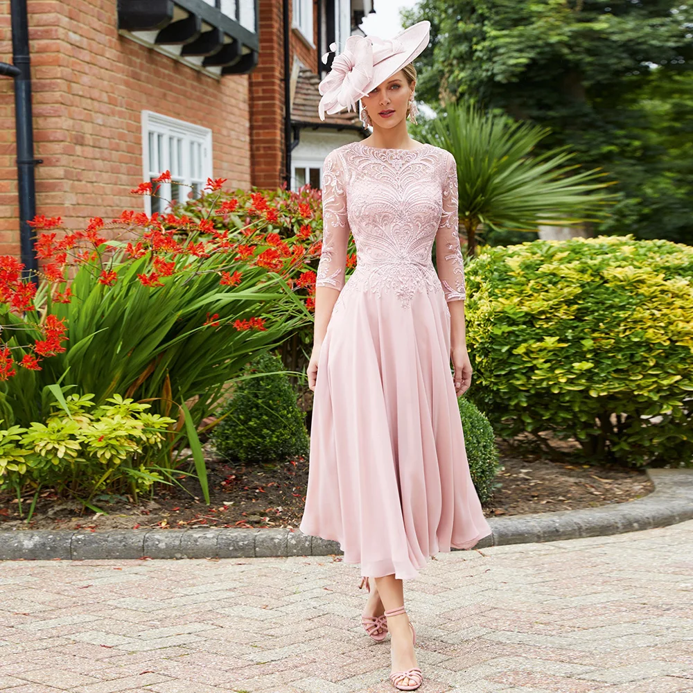 Elegante Jewel 3/4 Ärmeln Rosa Mutter der Party Kleid Vintage Tee Länge Mutter des Bräutigams Kleider Hochzeit Gast Kleid Plus größe