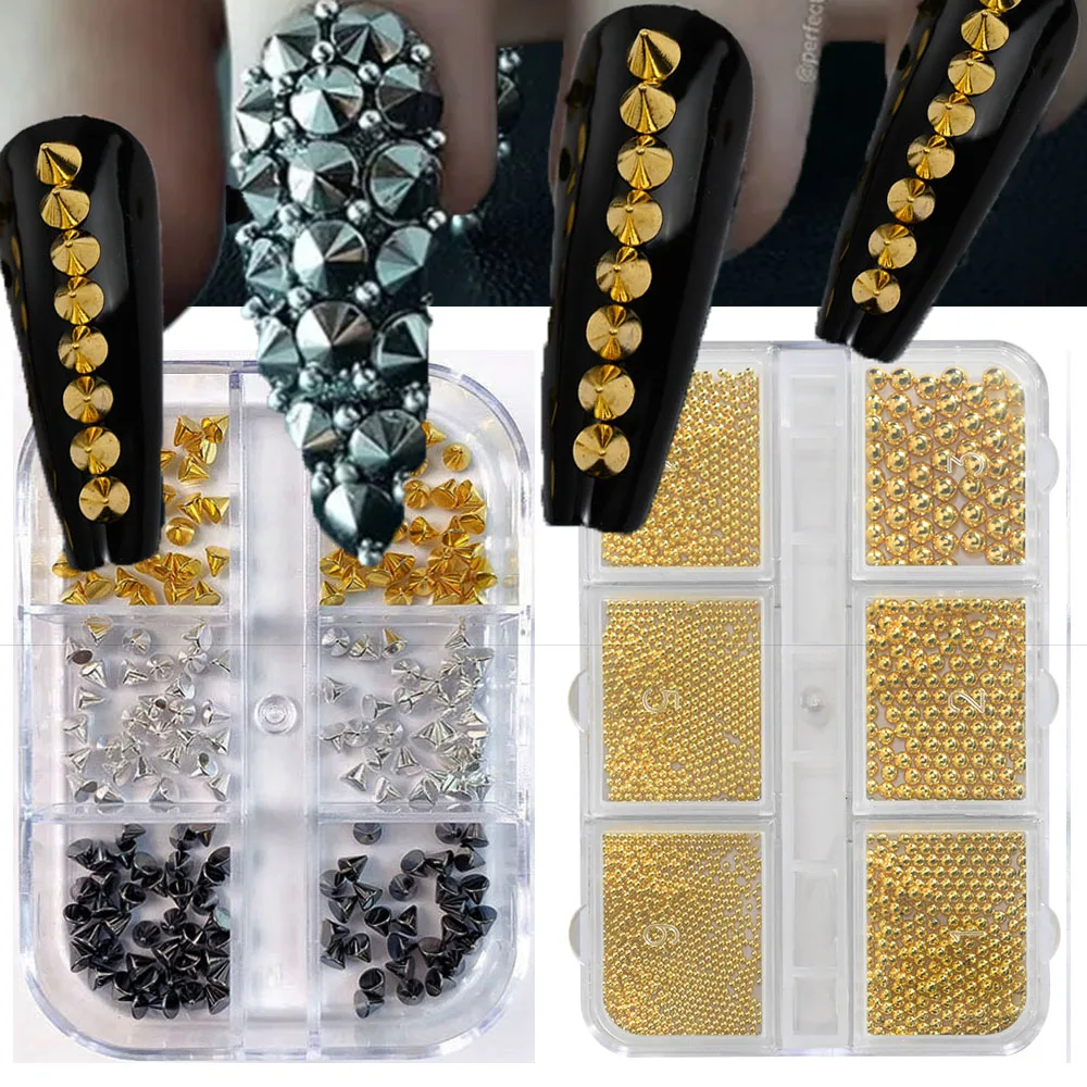 6Grid/Box 3D Metallic Punk Nieten Nieten/Stahl Perle Nagel Charms Gold/Silber Nieten Nagel Dekor 1,5-3mm Punk Kegel Spike Nagel Nieten