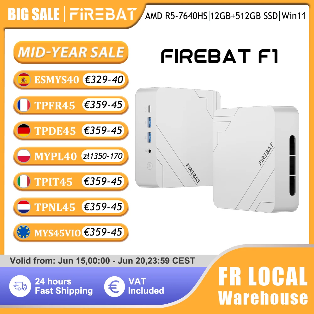 Firebat Mini-PC F1 AMD Ryzen 5 7640HS Gaming-Desktop 12 GB DDR5 512 GB SSD Windows 11 Pro Wi-Fi 6 USB4.0 Kompakter Computer