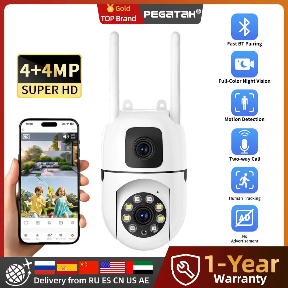 Telecamera di Sorveglianza PTZ WiFi HD 8MP per Esterni, 4K con Doppia Lente e Doppio Schermo, Rilevamento Umano, Telecamera di Sicurezza IP CCTV