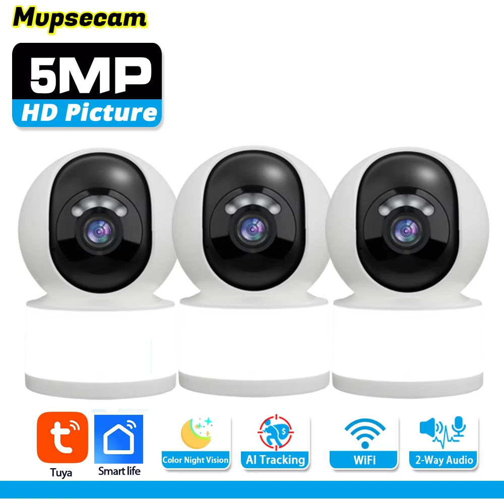 Telecamera IP WiFi Tuya Mini 5MP per Interni, Videocamera di Sicurezza Wireless per Casa, Sorveglianza CCTV, Telecamera PTZ Smart Life, Monitor per Bambini