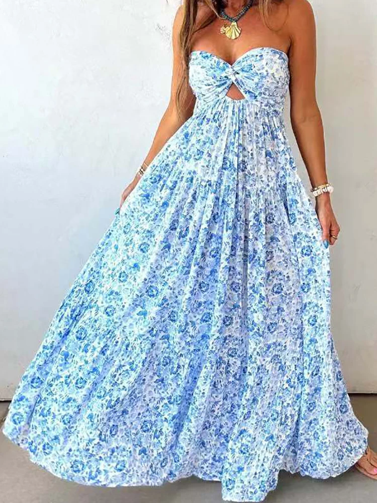 Abito da festa semplice senza spalline con stampa patchwork, Abito lungo estivo casual chic senza schienale da donna, Abito elegante senza maniche da donna 2026