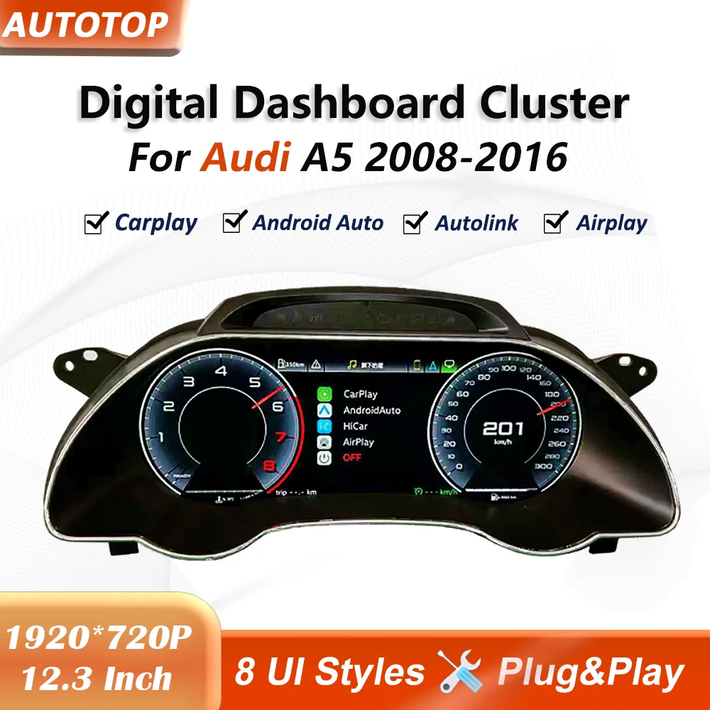 Cruscotto Digitale Linux da 12,3 Pollici per Audi A5 S5 RS5 2008-2016, Pannello Tachimetro, Cockpit Virtuale, CarPlay, Android Auto, Quadro Strumenti