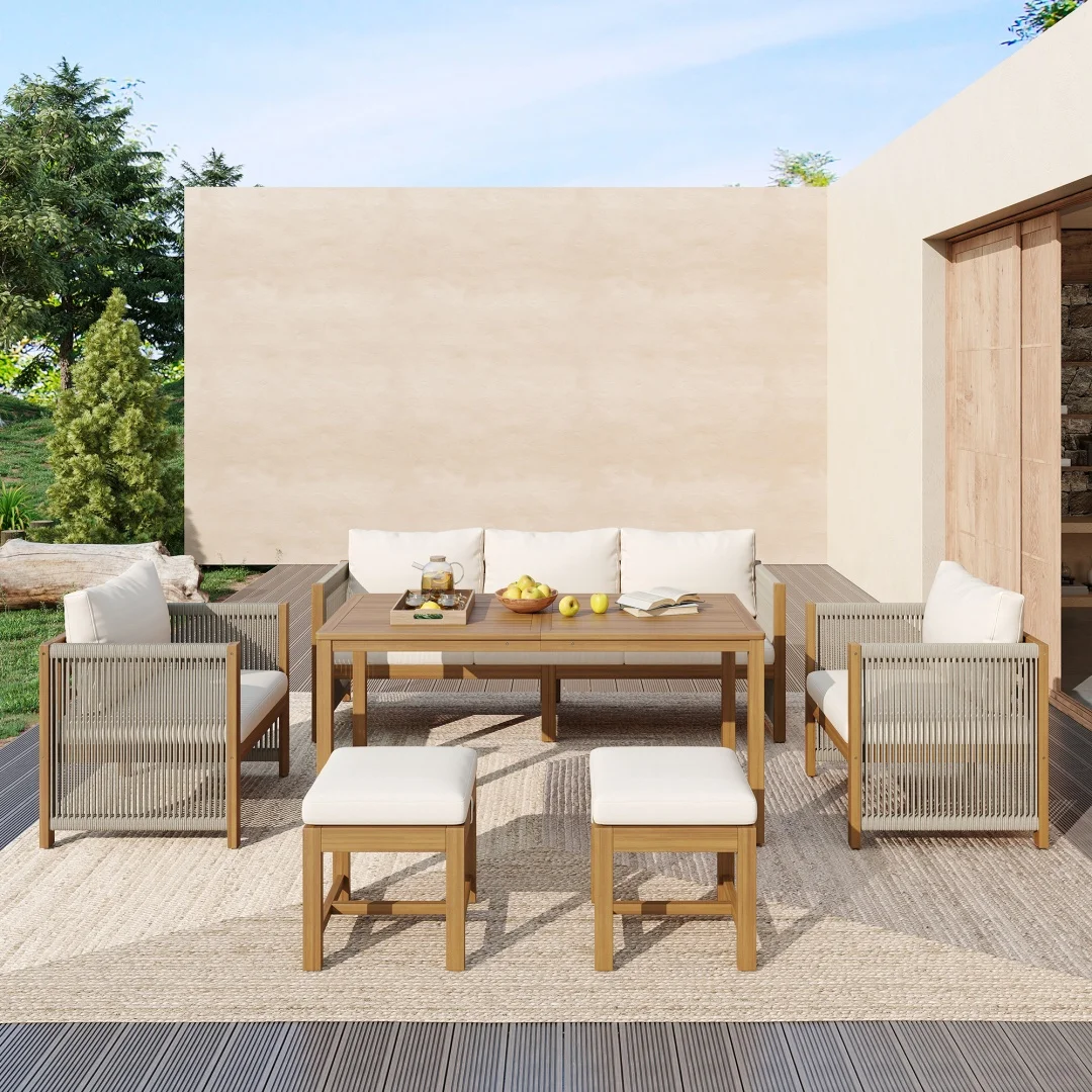 Set da pranzo da giardino, set di sedie lounge da giardino, set da 6 pezzi. Set di mobili da giardino, divano a 3 posti, 2 poltrone singole, 2 sgabelli, tavolo da pranzo, in acacia