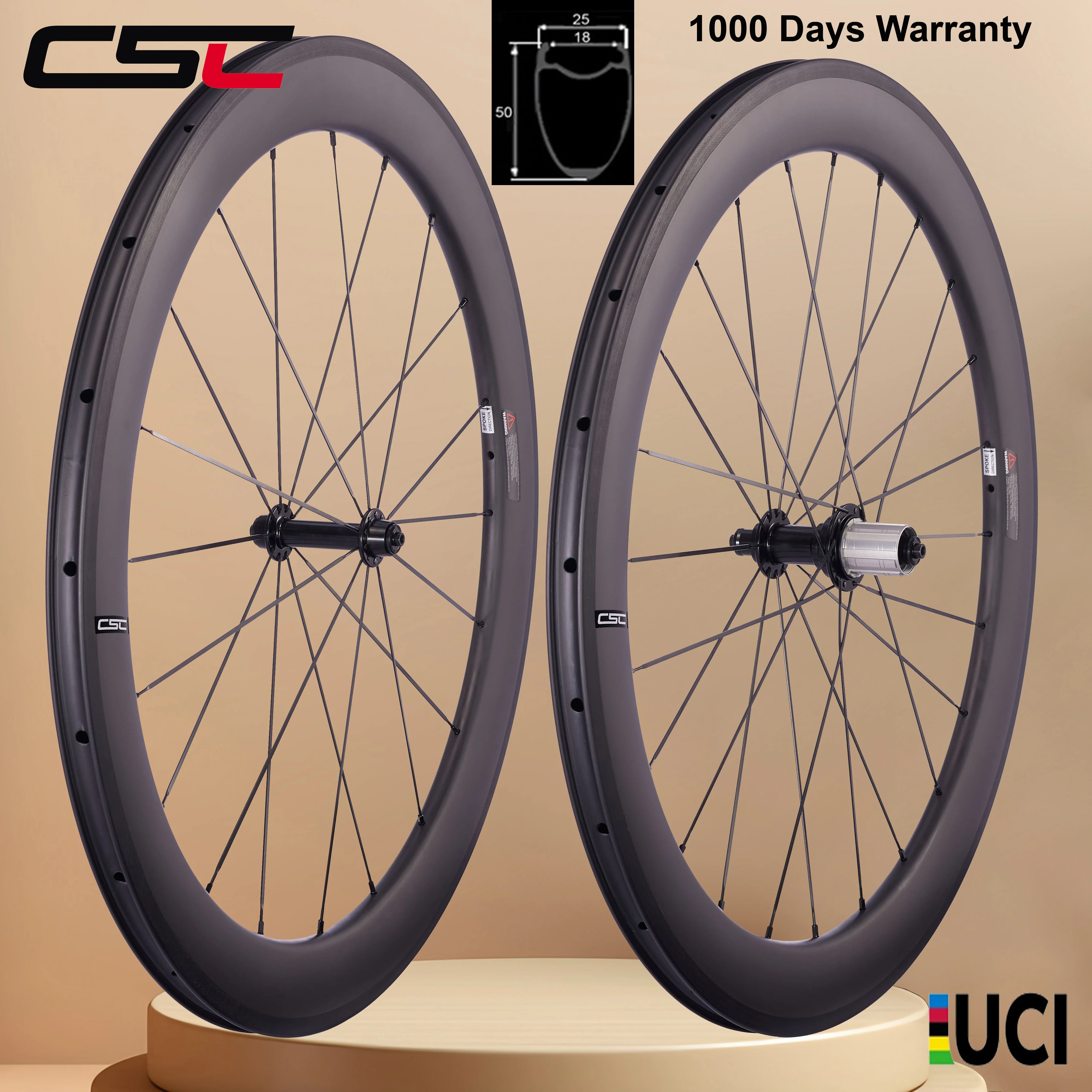 Ruote in Carbonio per Bicicletta da Strada CSC 38/50/60mm Standard UCI 700C, Cerchio per Freni a Disco, Clincher Tubeless UD Opaco R13