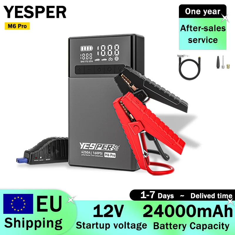 YESPER M6 Pro Compressore d'Aria Portatile e Avviatore d'Emergenza per Auto, 12V, 24000mAh, Alimentatore di Emergenza per Auto