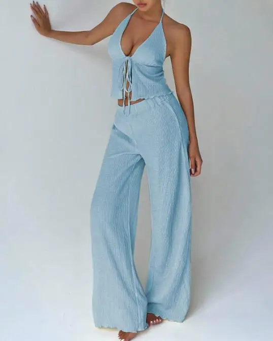 Completo Due Pezzi Donna Primavera 2026 Nuovo Top Corto con Scollo a V Profondo e Schiena Scoperta & Pantaloni Casual a Vita Alta a Gamba Larga