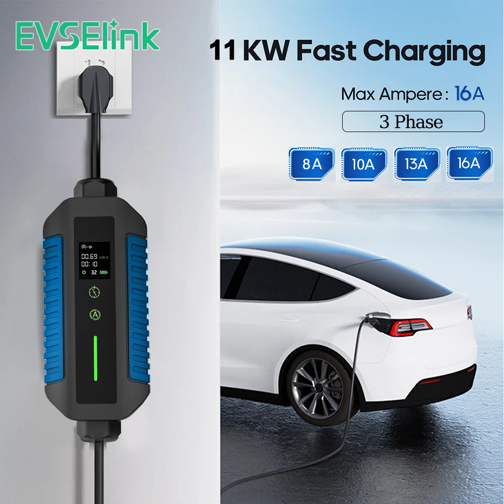 EVSELink Caricatore EV Portatile Tipo 2 da 11KW, Caricatore Auto da 22KW, Stazione di Ricarica Rapida Trifase 16A 32A Wallbox per Veicoli Elettrici