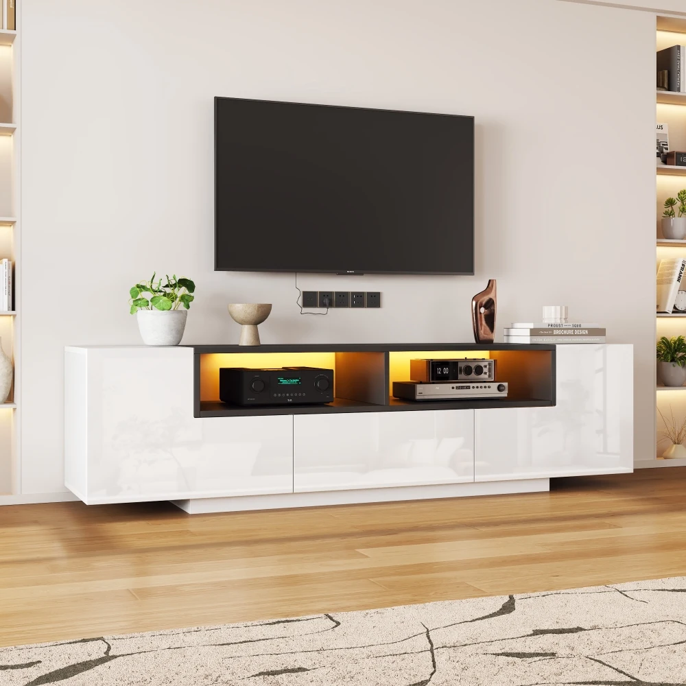 Meuble TV sur pied, meuble bas avec éclairage LED, meuble TV en forme de L avec tiroirs, support TV, adapté aux téléviseurs de 75 pouces, blanc+noir