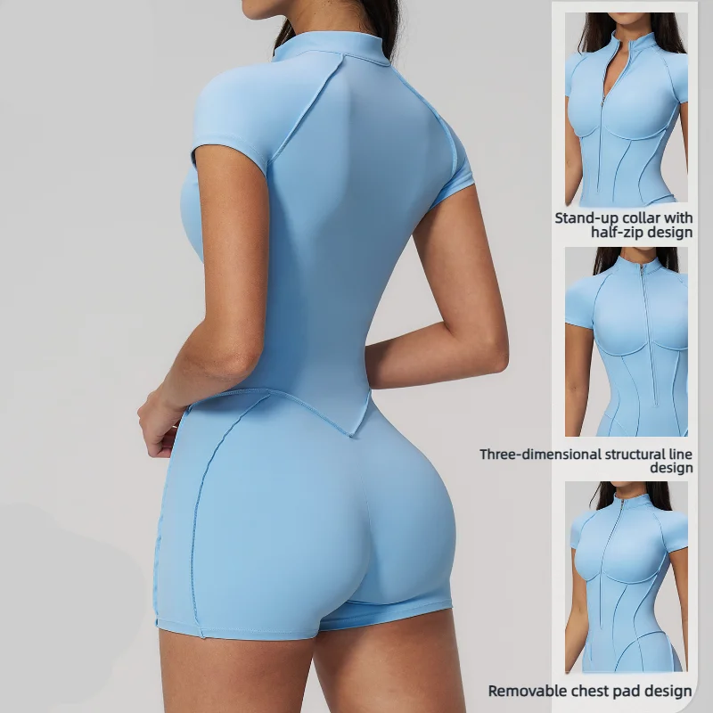 Combinaisons de yoga sans couture, combinaison de yoga avec fermeture éclair, vêtements de sport, fitness, manches courtes, combinaison une pièce pour la salle de sport, vêtements de sport pour femmes