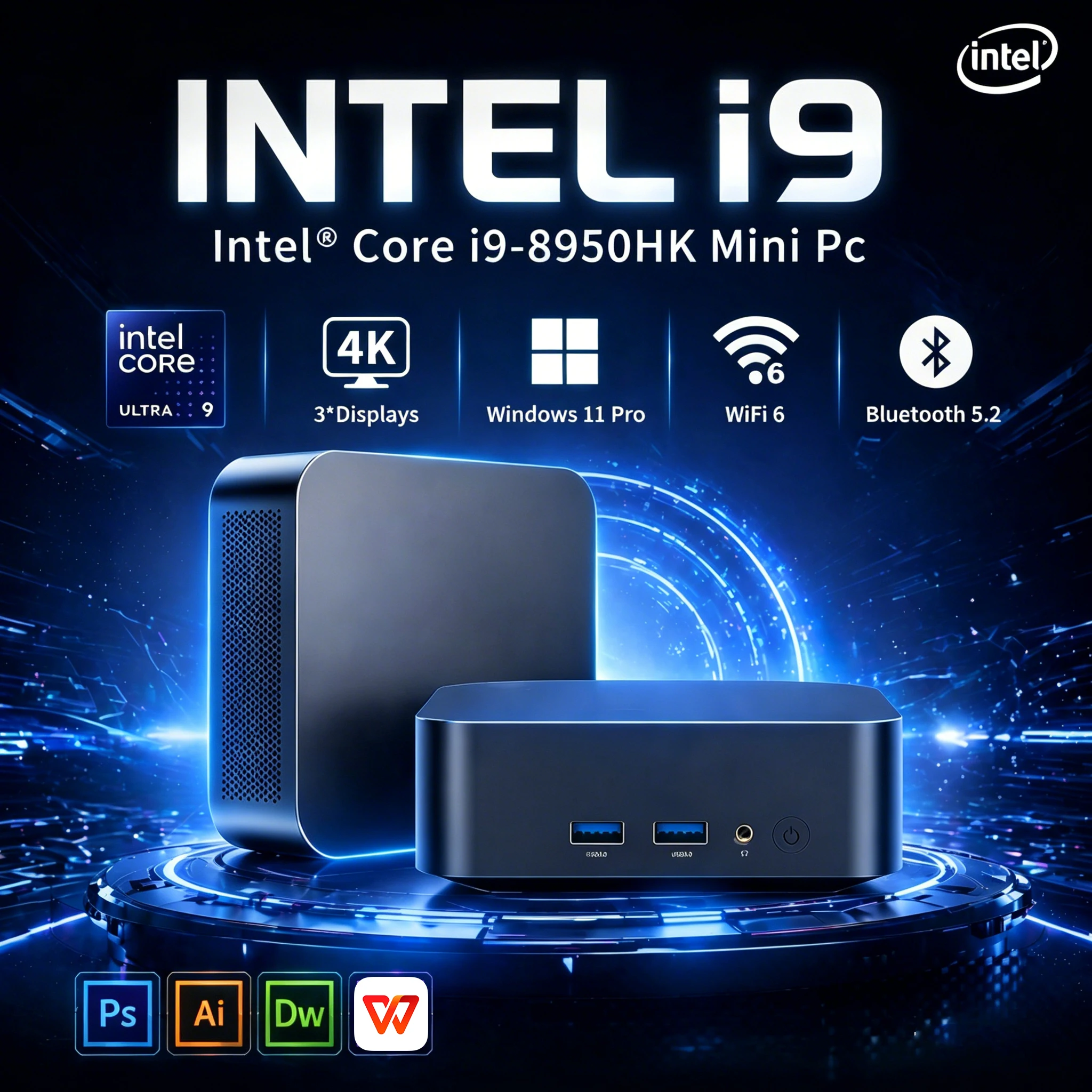 Mini PC Intel Core i9 8950HK, 16 Go DDR4, SSD 1/2 To, Graphiques 4K UHD, Windows 11, Ordinateur de Bureau Puissant et Compact pour le Gaming