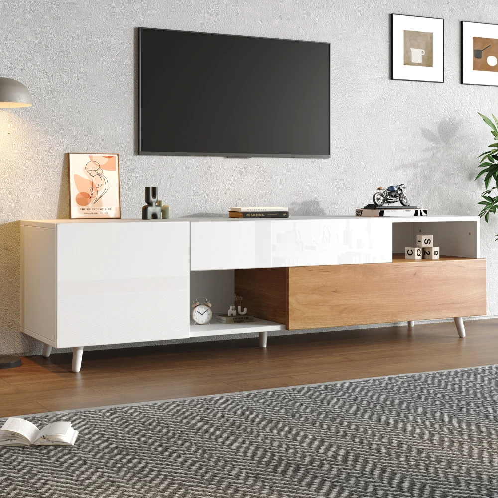 Meuble TV, meuble bas avec porte inférieure et 1 tiroir, meuble TV avec 7 compartiments de rangement, meuble TV brillant, téléviseurs jusqu'à 75 pouces
