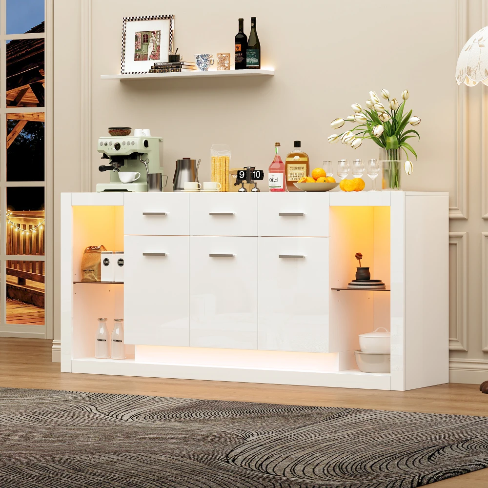Meuble d'appoint, meuble de salon avec bande lumineuse LED et 3 tiroirs, avec 14 compartiments de rangement, meuble avec plateau en verre trempé