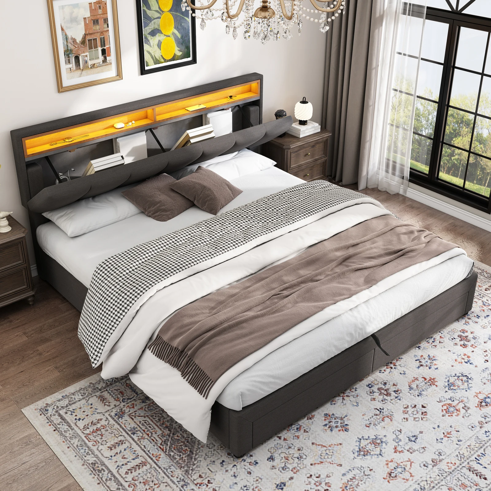 Anajqaqia Lit double 180×200cm avec éclairage LED, lit hydraulique moderne avec espace de rangement, lit adulte avec deux tiroirs, linge de maison, gris