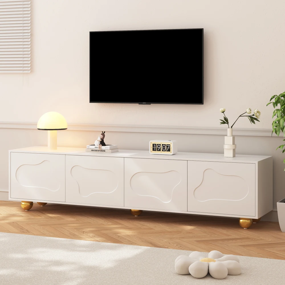 Meuble TV, meuble bas avec 2 armoires, meuble TV en forme de nuage, centre de divertissement TV avec 5 pieds de support, adapté aux téléviseurs de 75 pouces.