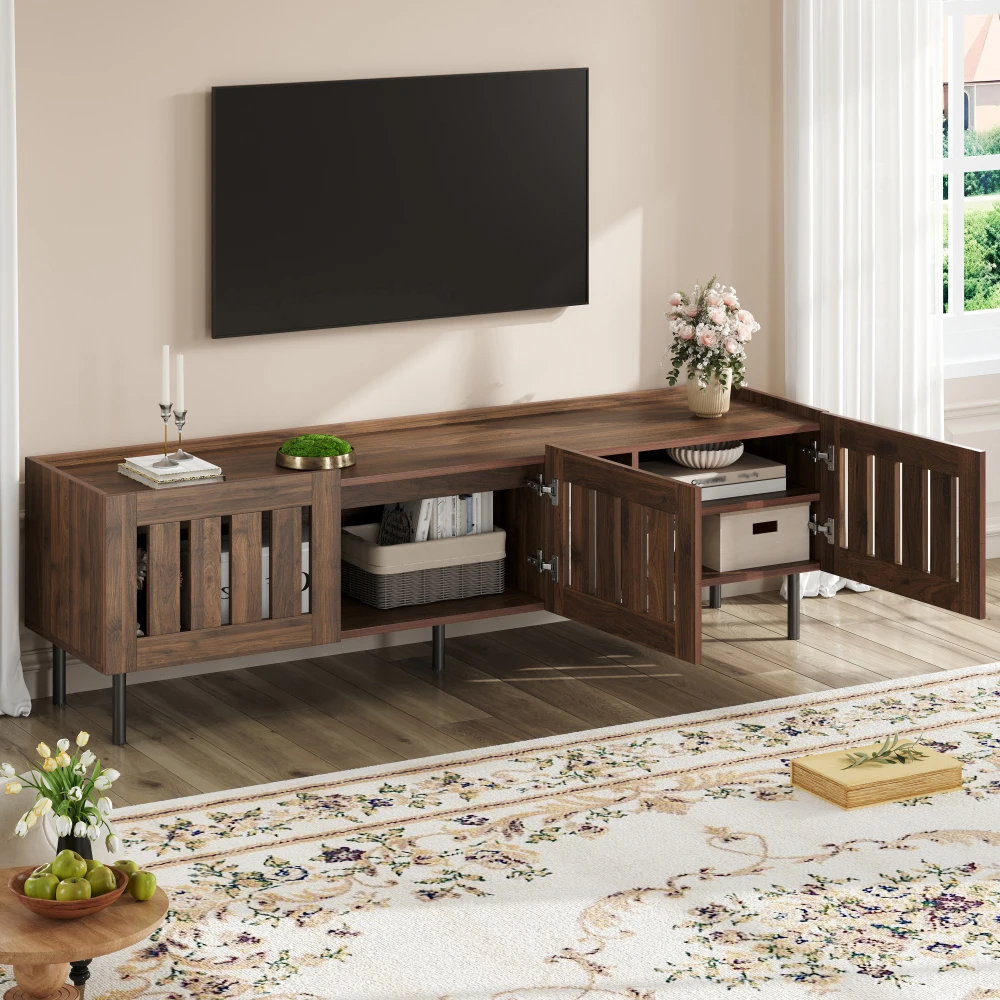 Meubles bas, meuble TV, support TV en couleur bois de noyer, meuble avec design ajouré, meuble TV adapté aux téléviseurs de 65 pouces, MDF