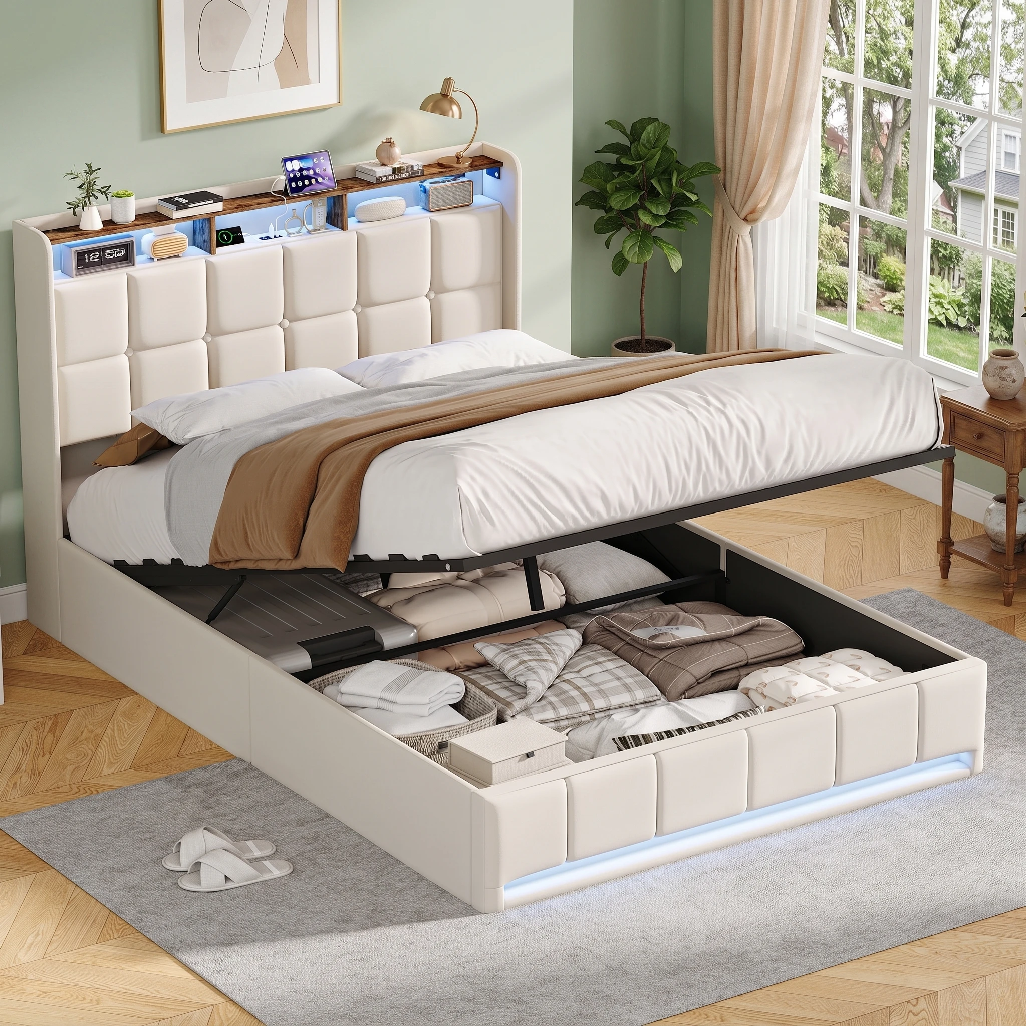 Superaly, lit hydraulique 160x200cm, lit double LED 140x200cm, chevet avec compartiment de rangement, cadre de lit 140x190cm pour chambre à coucher, lit de jour, linge de maison