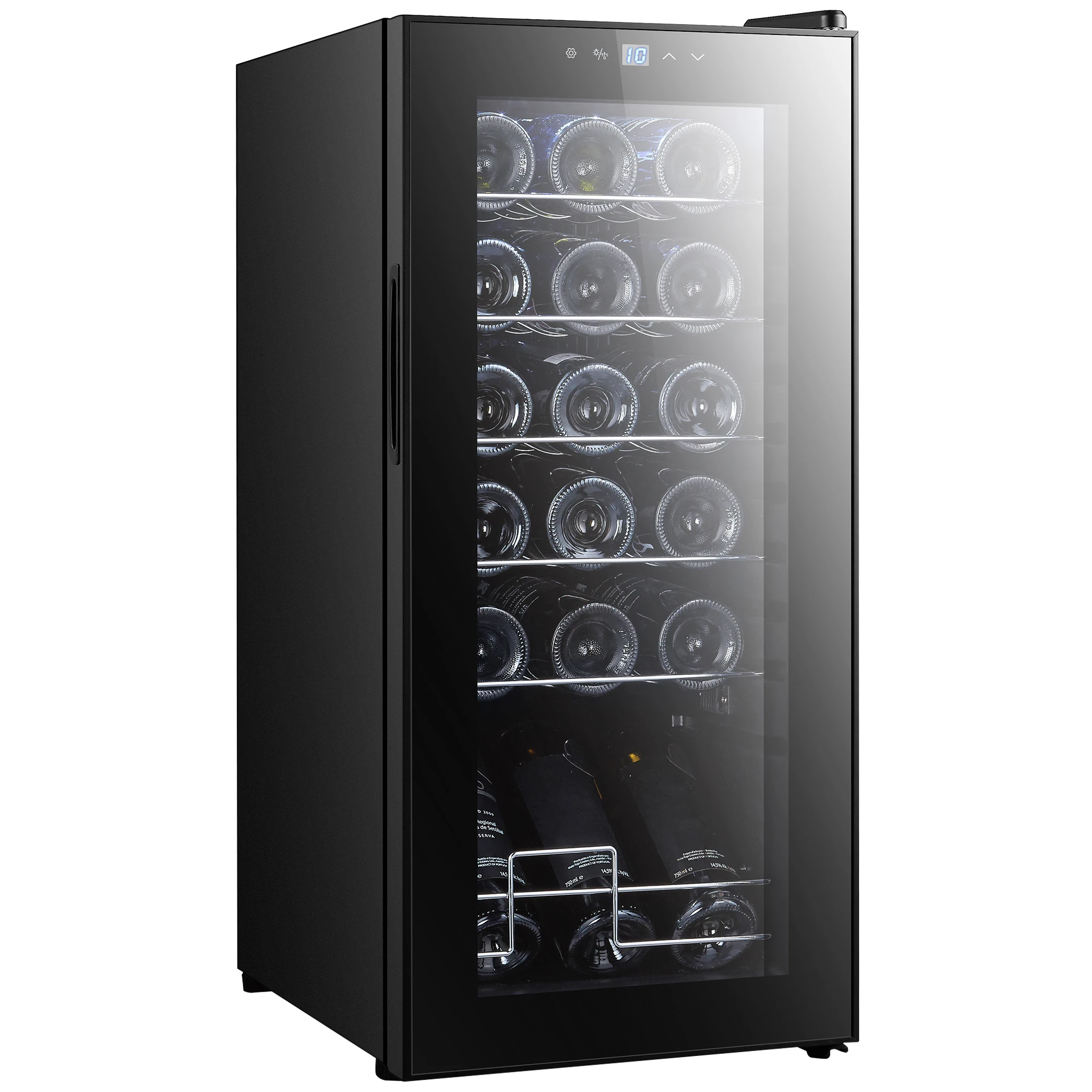 Réfrigérateur à vin pouvant accueillir 18 bouteilles, capacité de 50L, porte en verre, température 5-18°C ° C, interrupteur tactile.