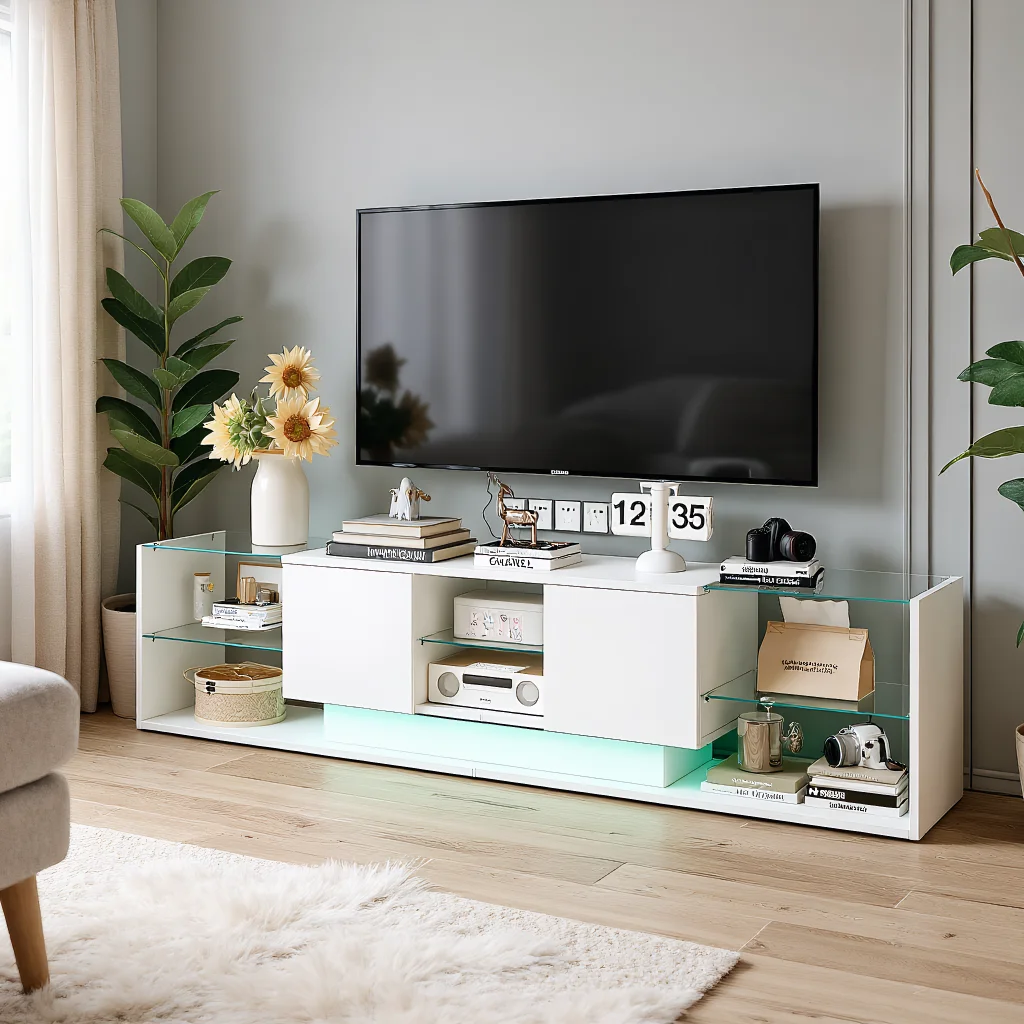 Meuble TV Comanlai Gloss 200 cm, Meuble TV moderne en bois avec 2 tiroirs et éclairage LED intelligent, Meuble bas pour salon, chambre à coucher