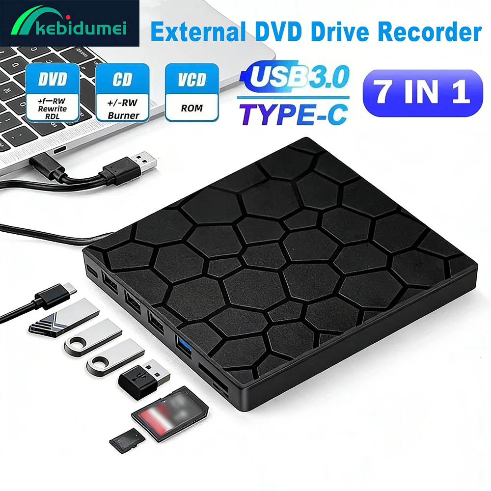Lecteur DVD externe Kebidumei 7 en 1, graveur de CD/DVD, lecteur de disque externe USB3.0 Type C, graveur de CD, disque dur externe pour ordinateur de bureau Mac Win Linux