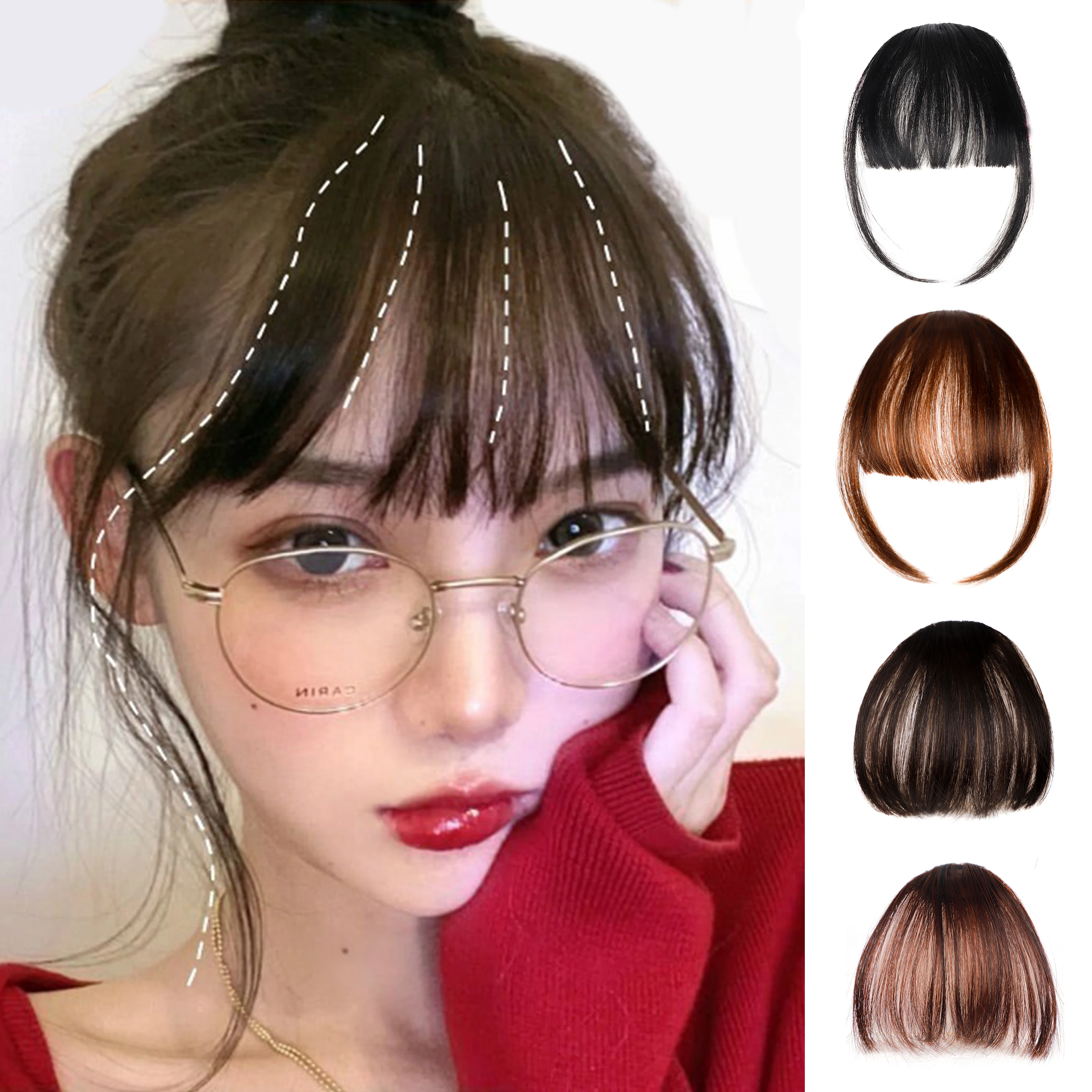 Frange à clipser marron, extensions de franges artificielles, franges légères à clipser pour femmes, postiches avec franges latérales, franges courbées