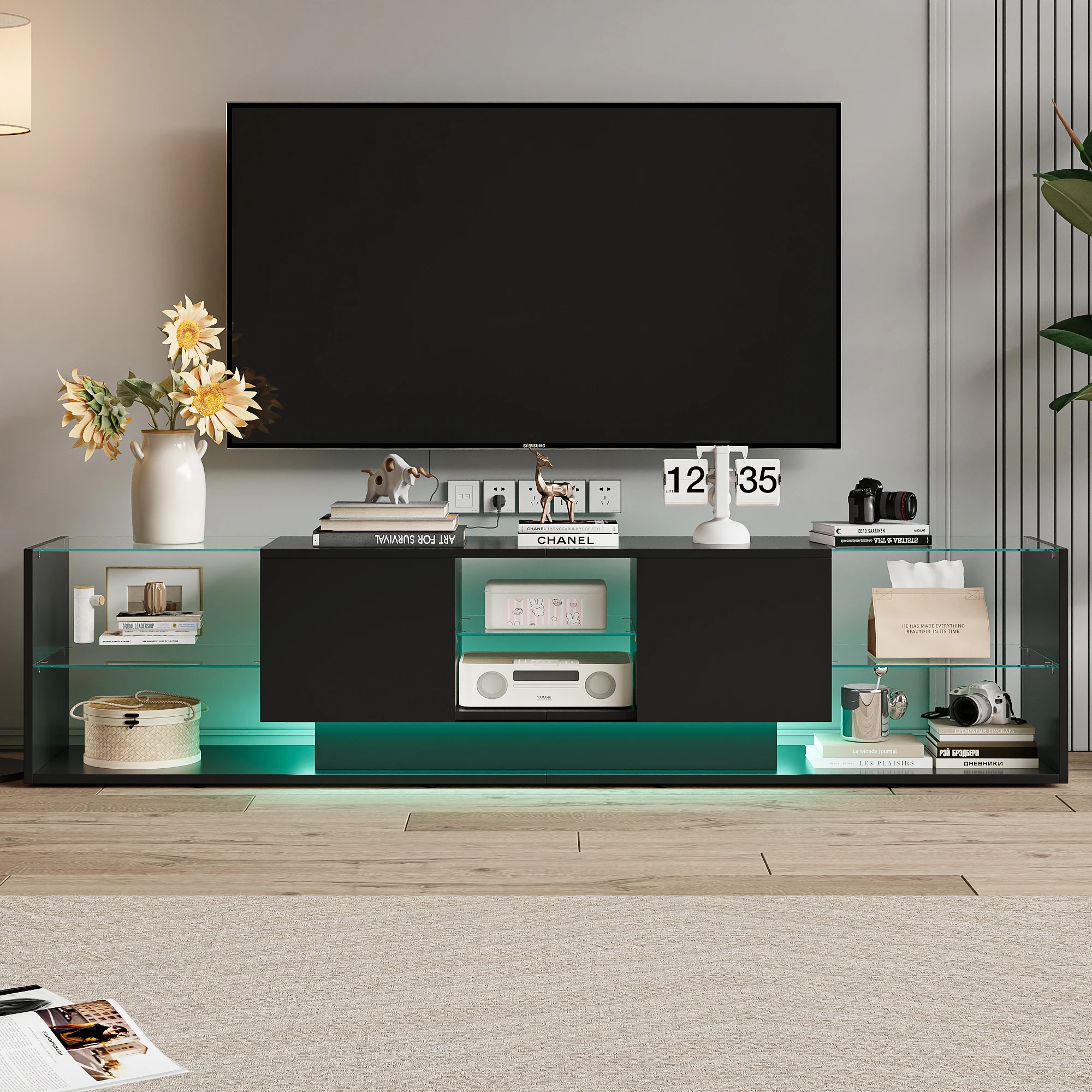 Comanlai Meuble TV 200×35×45 cm avec étagères en verre brillant, Meuble TV bas avec éclairage LED, Meubles TV modernes, Noir
