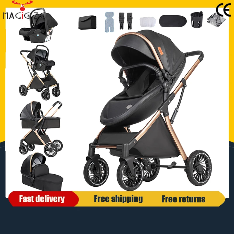 Poussette haute 3-en-1 avec siège auto, système de voyage pour bébé, poussette pliable, siège coquille d