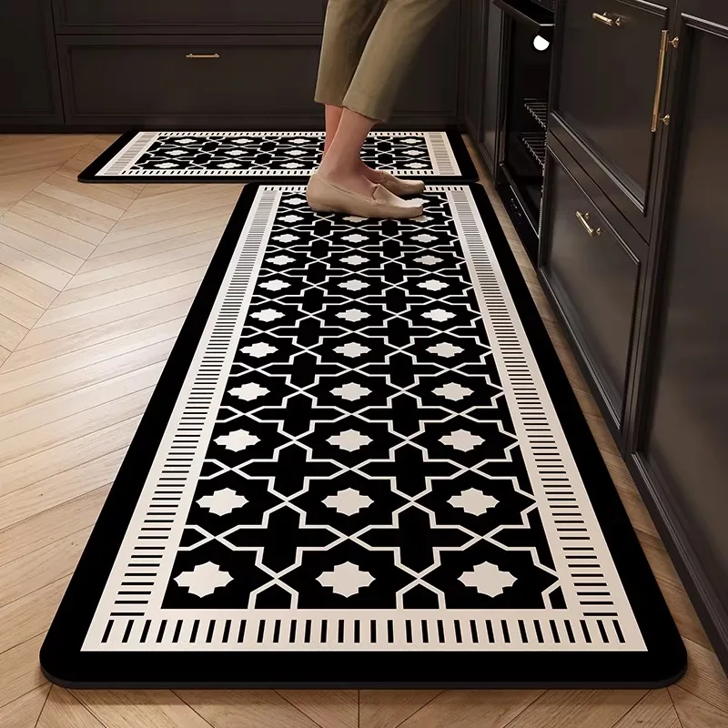 Kitchen Rug PVC Waterproof Leather Carpet Oil-proof Non-Slip Floor Mat Black Checkered Rugs Long Strip Carpets Home Decor 주방용 러그
