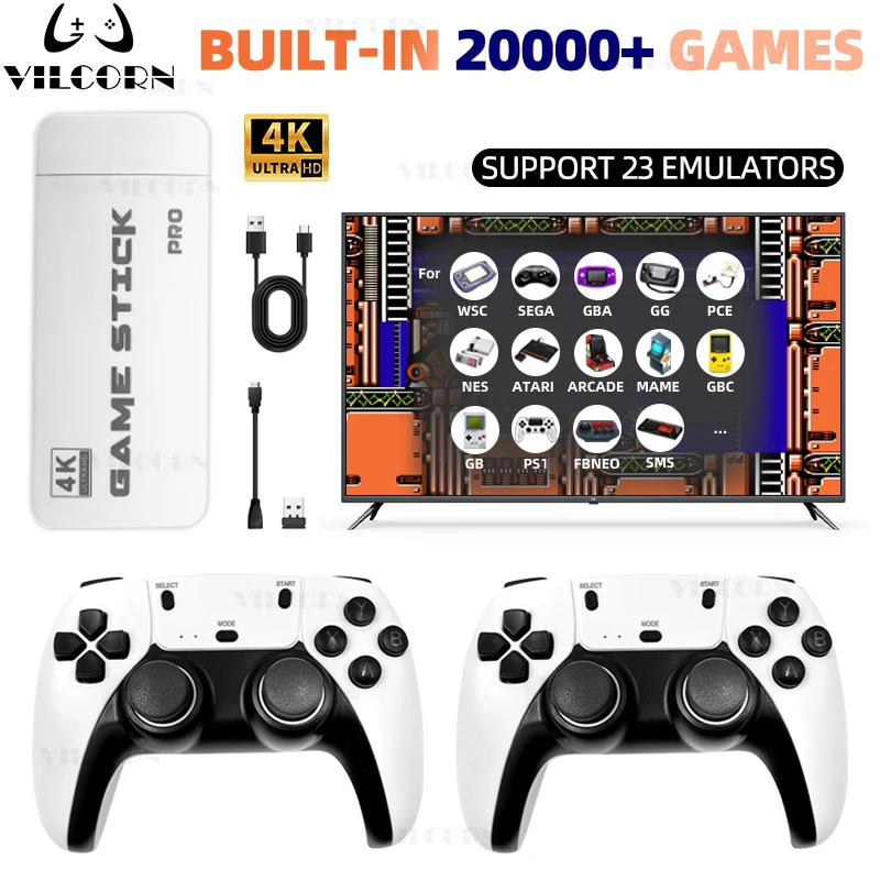 VILCORN 4K HD Game Stick Retro Video Game Console 20000+Games with 2.4G Wireless Controllers Support TV/Projector/PC Plug& Play