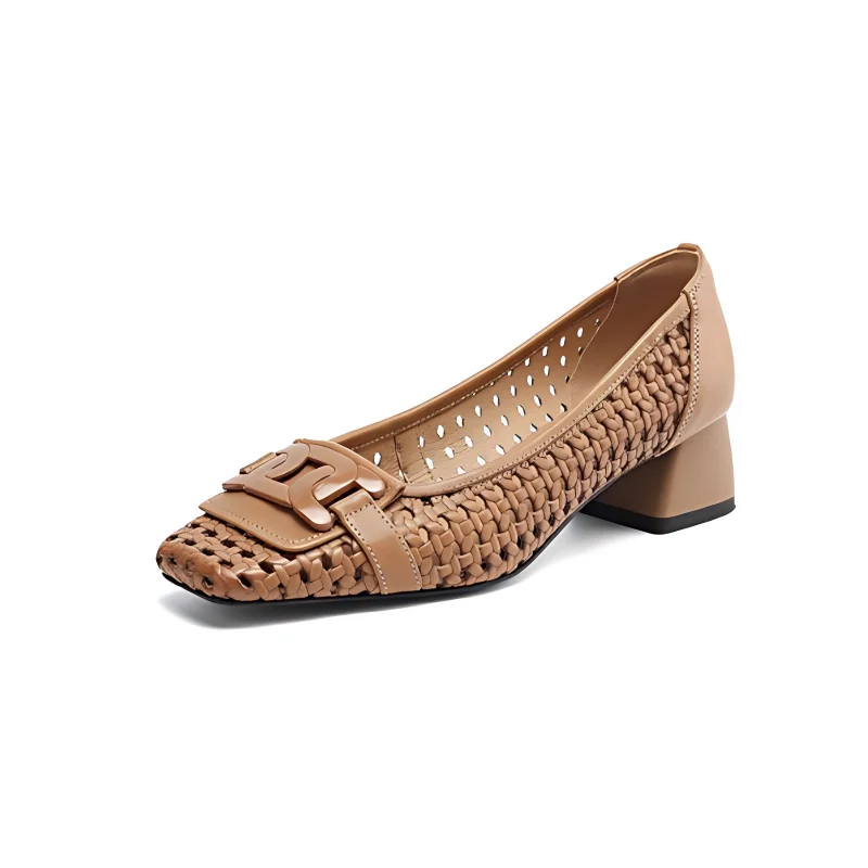 French Retro Woven Women Pumps Breathable Square Toe Block High Heels Elegant Hollow Office Lady Shoes Luxury Designer Sandals