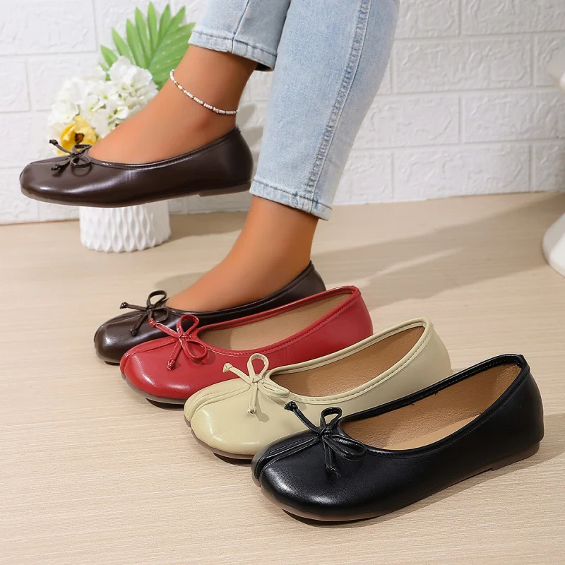 Ballet Flats Women Split Toe Mary Janes French Chic Leather Soft Sole Slip On Shoes Minimalist Comfort Office Loafers Bows