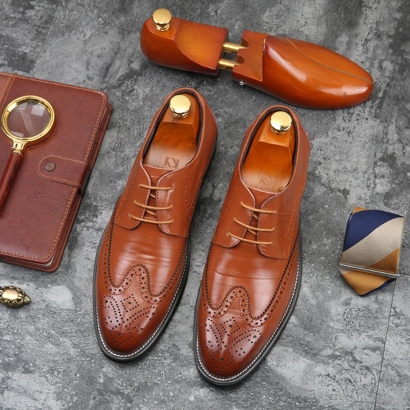 Brown Brogue Dress Shoes Genuine Leather Lace Up Formal Oxfords For Wedding Business Office Comfortable Fashion Footwear Leisure