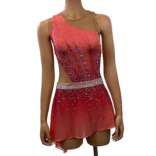 Eiskunstlaufkleid Damen Eislaufen Kleid Rosa Patchwork Asymmetrischer Saum Hohe Elastizität Training Wettbewerb Eiskunstlaufkleidung Klassisch Kristall / Strass Ärmellos Eislaufen Eiskundstlauf Image