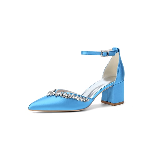 Dunkelviolette Satin-Pumps mit Blockabsatz für Damen – elegante, mit Kristallen verzierte Schuhe für Cocktailpartys und Abendveranstaltungen Image