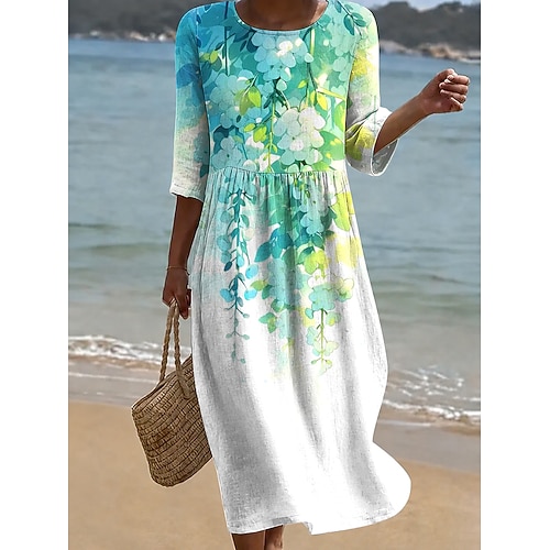 Damen Midikleid Sommerkleid Urlaub Lässig Boho Strand Ferien Normale Passform Blumen Grafik Dreiviertelarm Rundhalsausschnitt Blau Rote Purpur Grün Sommer Frühling Image
