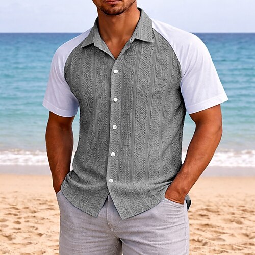 Herren Hemd Freizeithemd Knopfhemd Jacquard-Hemd Schwarz Hellgrün Marineblau Grau Leicht Blau Kurzarm Einfach Hemdkragen Lässig Täglich Patchwork Bekleidung Elegant Mode Lässig Image