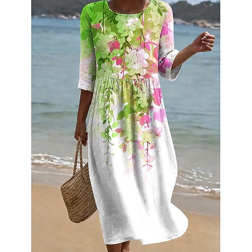 Damen Midikleid Sommerkleid Urlaub Lässig Boho Strand Ferien Normale Passform Blumen Grafik Dreiviertelarm Rundhalsausschnitt Blau Rote Purpur Grün Sommer Frühling Image