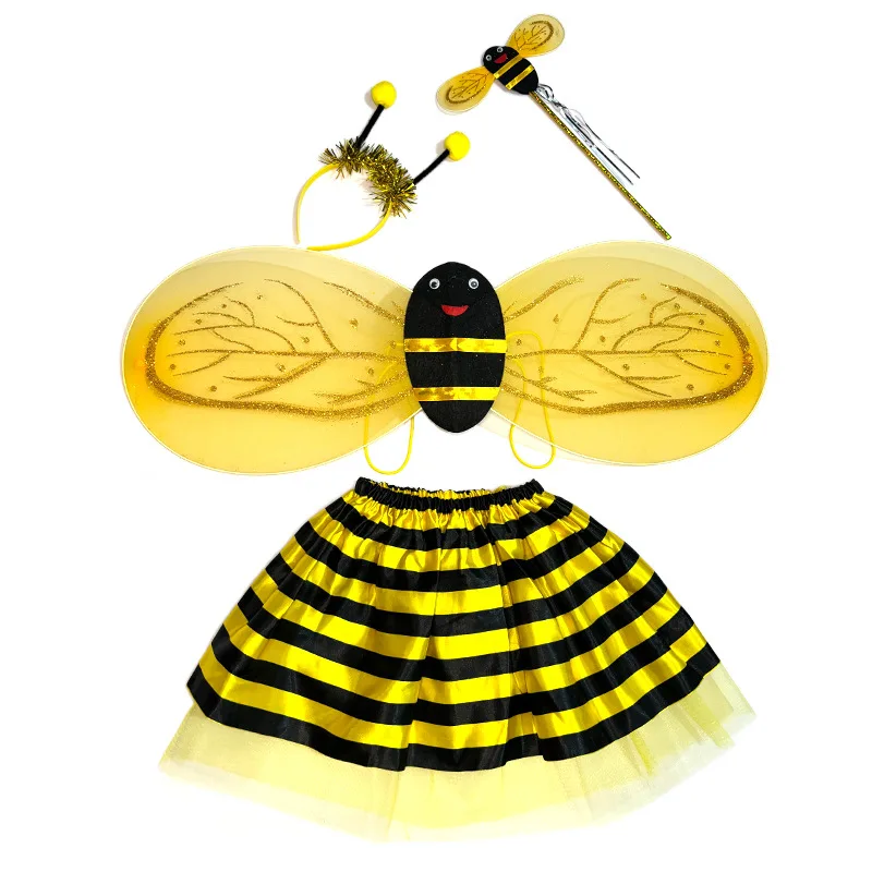 3/4 Stück Little Bee Kinder Performance Kostüm Gelb Rot Little Bee Dance Rock Set Geburtstag Party Bee Elf Kopfbedeckung Flügel Zauberstab Image