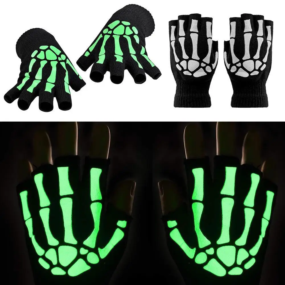Neue Erwachsene Cosplay Halloween Skelett Schädel Halbfinger Punk Handschuhe Glow in the Dark Fingerlose Stretch Gestrickte Winter Fäustlinge