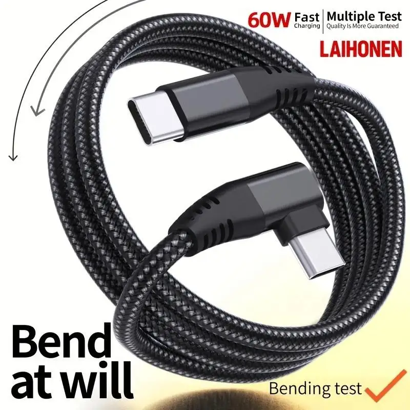 LAIHONEN 90 ° USB-C Kabel 3,3ft 60W/20V3A Schnellladung 480Mbps, Nylon-Ummantelung, Für MacBook/iPad iPhone15 Samsung Alle Typ-C, Geschenk Image