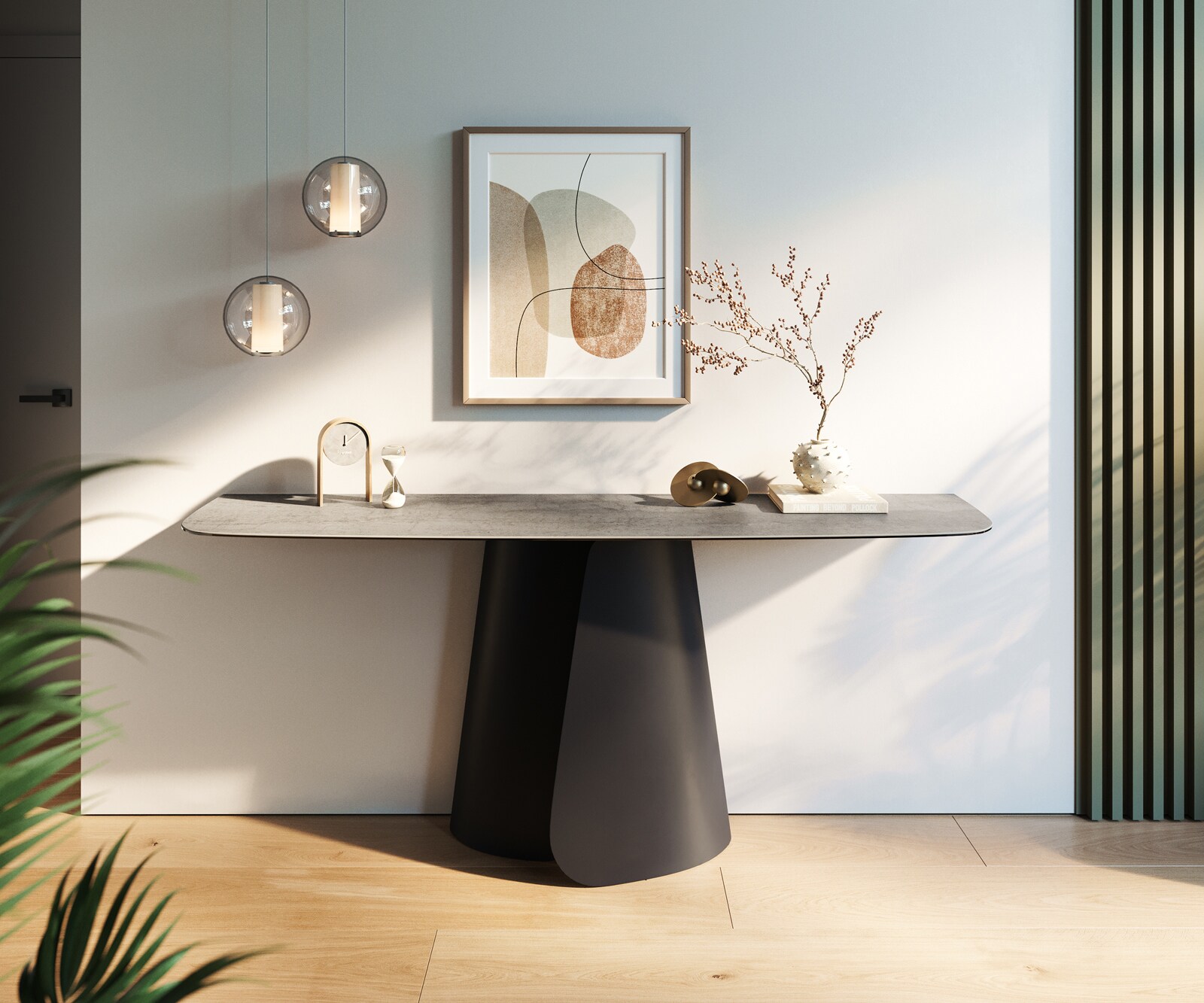 DELIFE Konsolentisch Edge Boot 180x40 cm Keramik Beton Grau Livos Metall Schwarz, Konsolentische