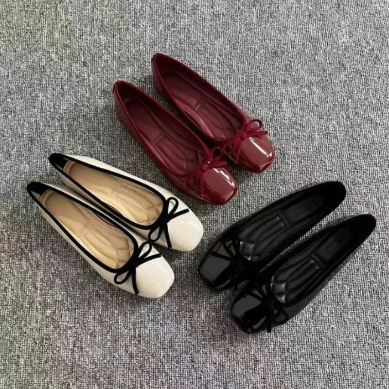 Damen-Lederschuhe, flach, weich, bequem, mit Schleife, Lackleder, Asakuchi, Nude, Mary-Jane-Schuhe