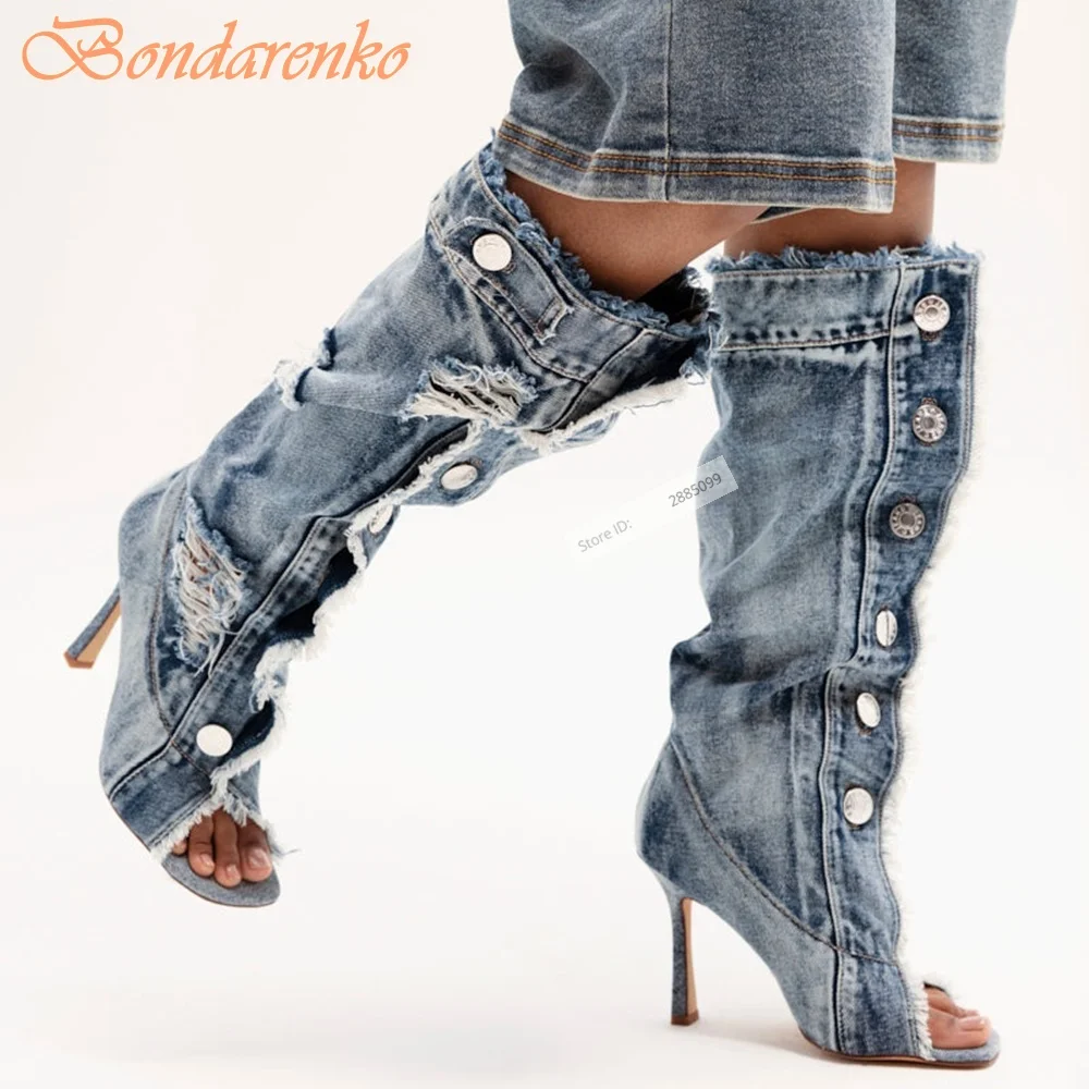 Denim Schnallen Lose Stiefel Peep Toe Kniehohe Taste Dünne High Heels Loch Stiefel Frauen Sexy Stil Schuhe Sommer Party Casual Schuhe