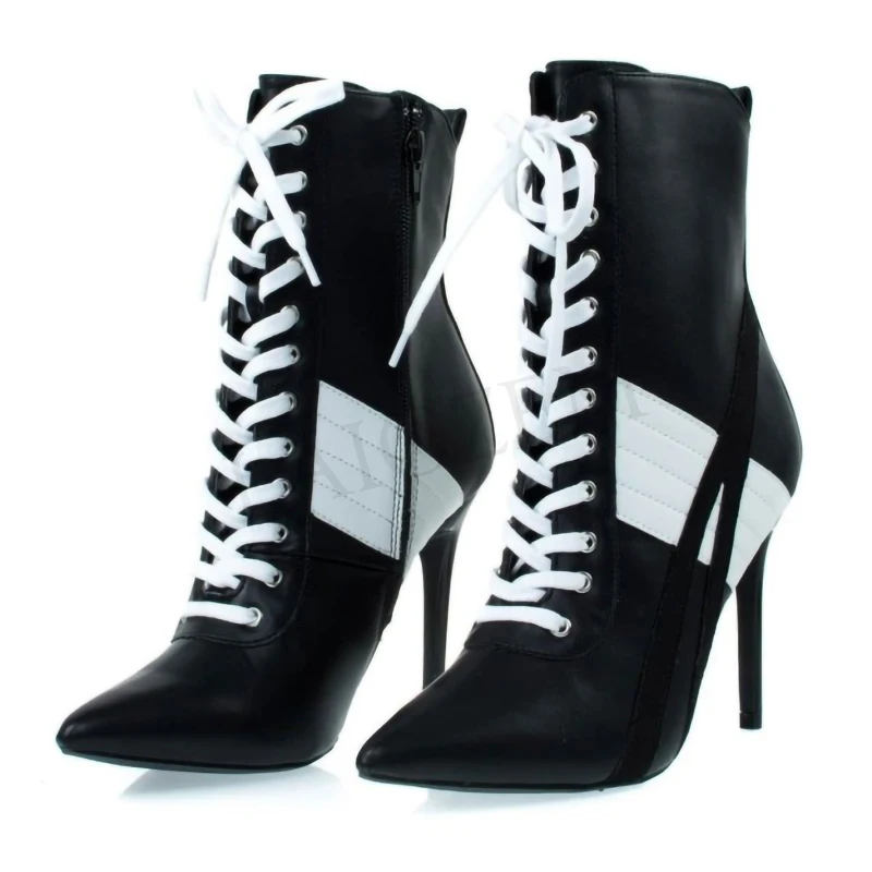LAIGZEM Frauen Schwarz und Weiß Lace Up Stiefel Zurück Zip High Heel Ankle Booties Schuhe Frau Damen Botines Mujer Große Größe 34-47