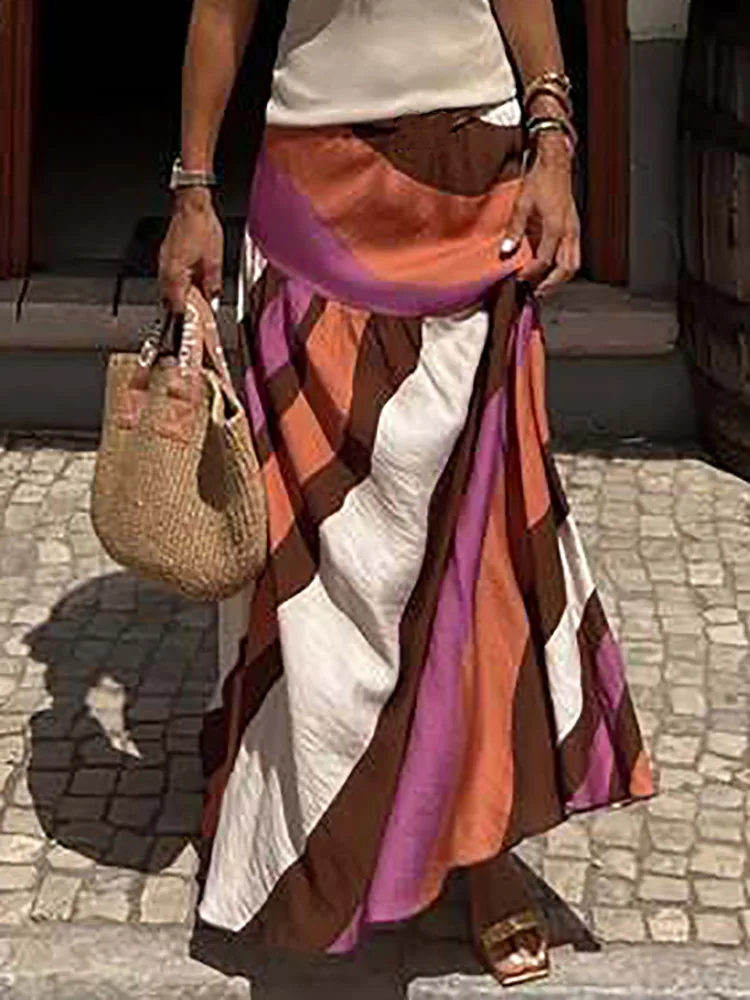Vintage Print Frauen Große Schaukel Röcke Patchwork Rüschen Sommer Dame Lose Rock Streetwear Casual Retro Langen Rock Vestido20R
